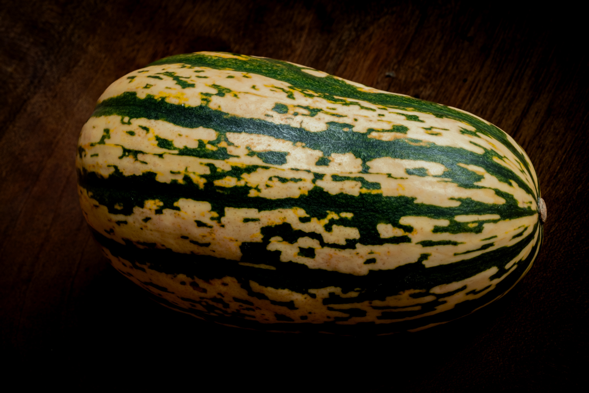 An image of a small squash with a dark wood texture background.