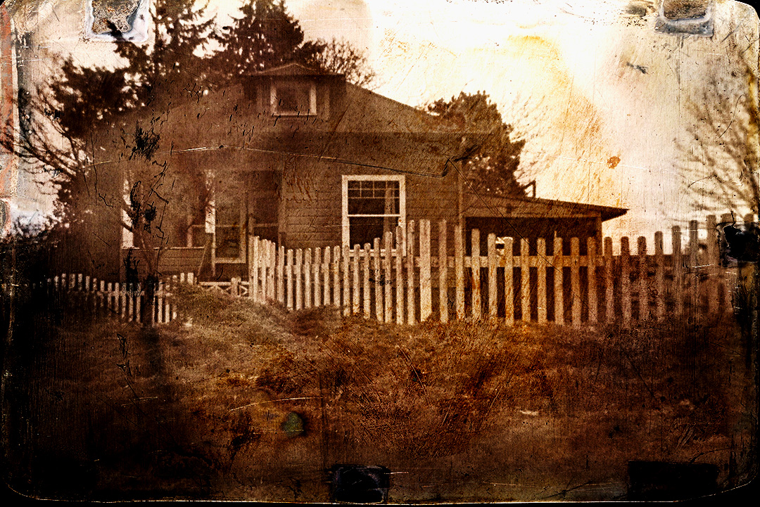 two photos made to look like old daguerratypes. One is Evergreen house. The other is Ni Hao walking on a piece of tin roofing.